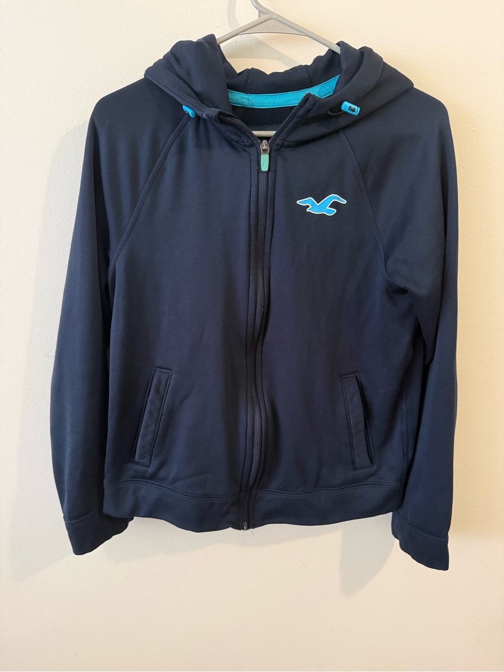 Hollister Navy Performance Full-Zip Hoodie with Aqua Accents